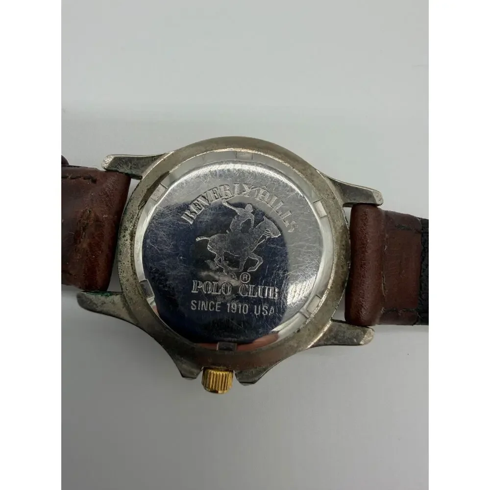Vintage Beverly Hills Women Polo Club Logo Silver Tone Leather Quartz Watch